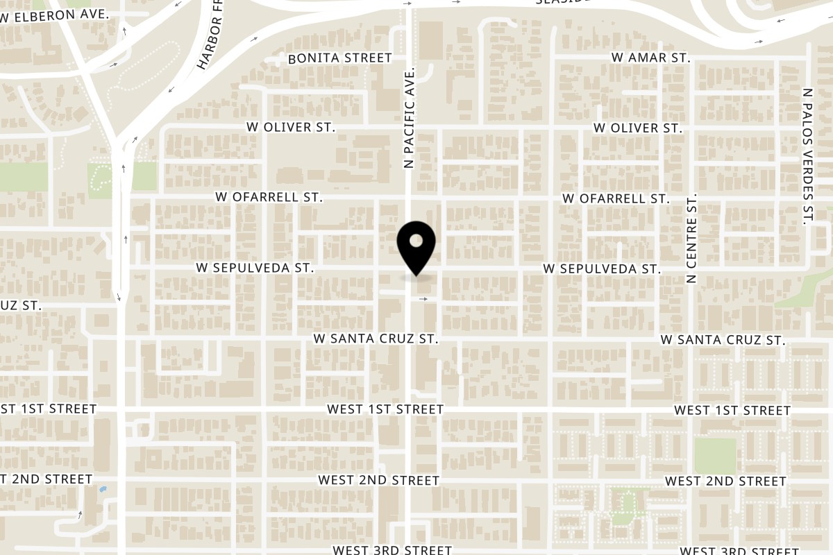 Map showing the location of Wah Gwaan Jamaican Kitchen & Bar San Pedro on 246 N Pacific Ave in San Pedro